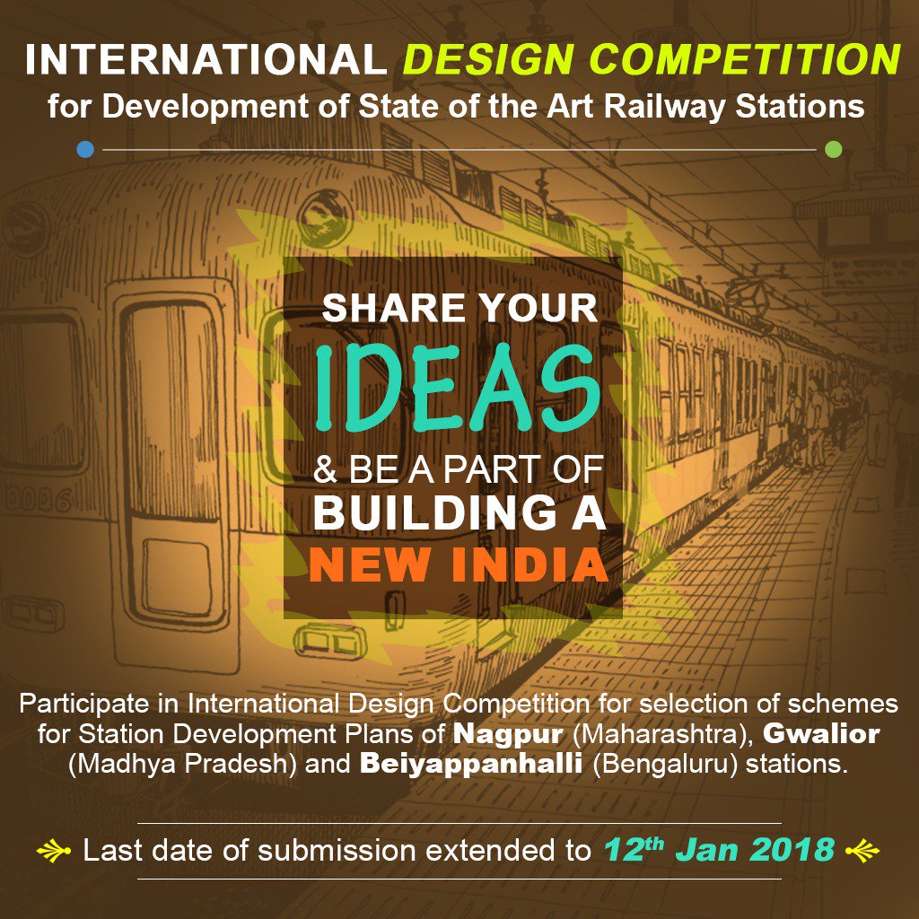 Invite you all to participate in the International design competition for development of state-of-the-art railway stations where you can share your ideas and help Railways transform stations into world-class transit hubs. Get the detailed information at innovate.mygov.in/irsdc/