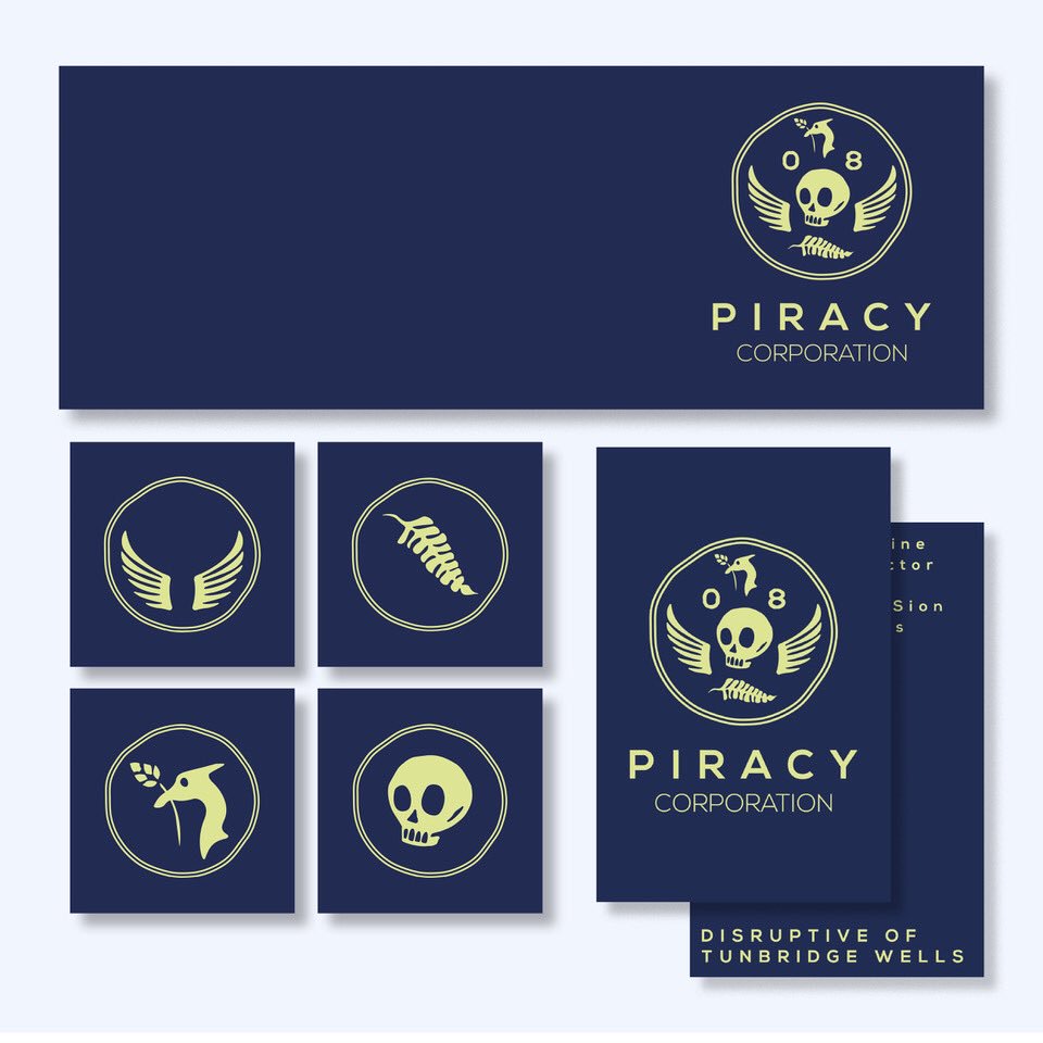 ebcodesign's tweet photo. I have loved working with Martin @martinpiracy The creation of this brand was a real collaboration, a crest made to represent Martin’s Kiwi/Liverpudlian heritage, and the ‘disruptive’ element of Piracy Corporation, with secondary icons and a smart but distinctive colour palette https://t.co/dt2ESdoDAW