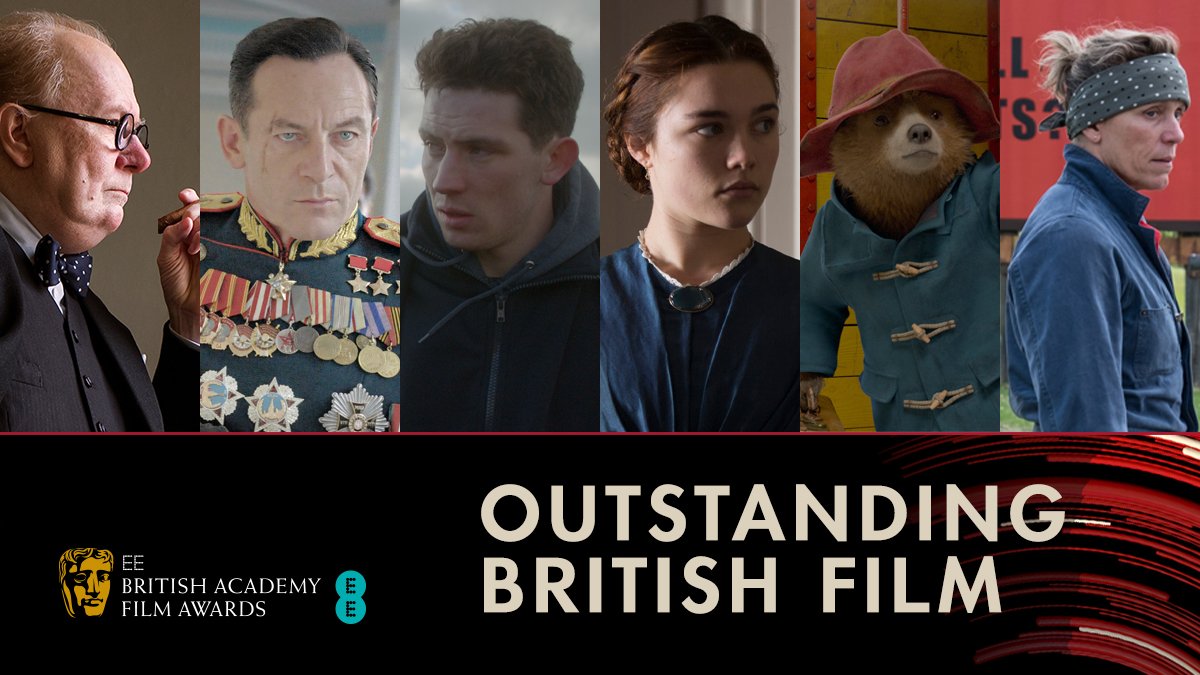 BAFTA's tweet image. Nominated for Outstanding British Film 🇬🇧🏆
Darkest Hour 
The Death of Stalin
God’s Own Country 
Lady Macbeth 
Paddington 2
Three Billboards Outside Ebbing, Missouri
#EEBAFTAs