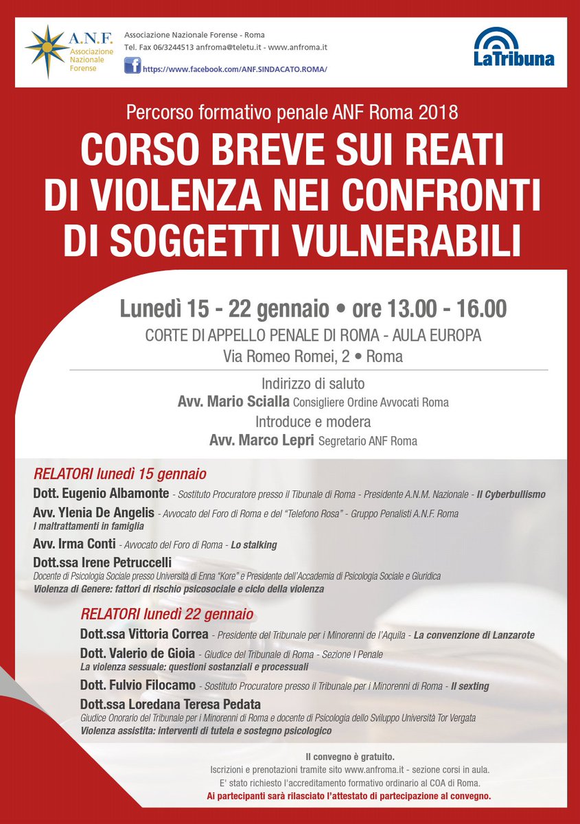 Il primo Corso breve di Anf Roma del 2018 sui reati di violenza contro donne e bambini ... Vi aspetto ☺️