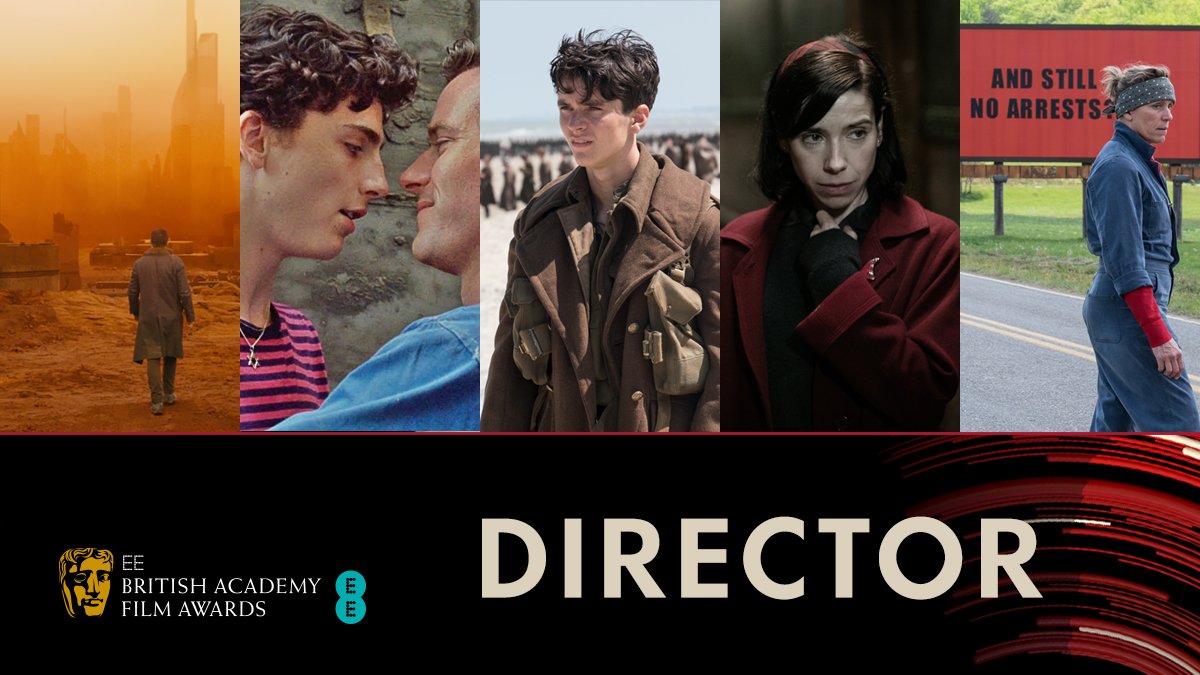 BAFTA's tweet photo. Nominated for Director 🎬
Denis Villeneuve - Blade Runner 2049
Luca Guadagnino - Call Me By Your Name
Christopher Nolan - Dunkirk 
Guillermo Del Toro - The Shape of Water 
Martin Mcdonagh - Three Billboards Outside Ebbing, Missouri 
#EEBAFTAs https://t.co/X43mh6JuCl
