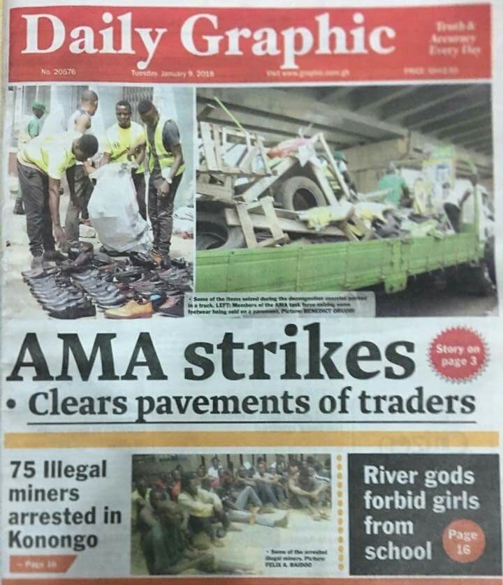 glovben's tweet image. Your @Graphicgh today 

 * @AccraMetropolis strikes. Clears pavement of traders

*75 illegal miners arrested in #Konongo 

* River gods forbid girls from school 

Grab a copy or download your #GraphicNewsApp from google play store NOW