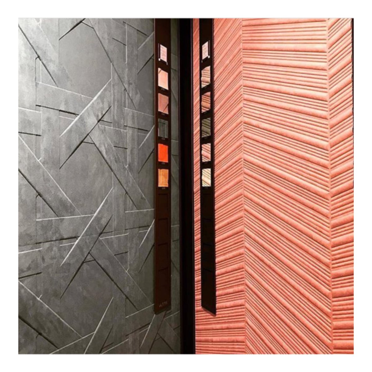 S T R U C T U U R aan de wand! Het is behang, maar eigenlijk veel meer: naast decoratief ook enorm akoestische werking. Kan op wanden en plafonds, maar ook als hoofdboard in een luxe slaapkamer! #interior #arte #wallpaper #spectra #3Dwallcovering #geometric #emmabiemansinterieur