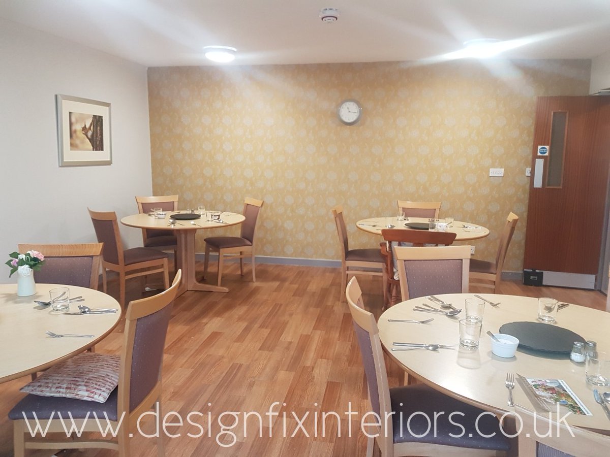 Susie_Tucker's tweet photo. The @tekturatalk wallpaper and @BancroftFurnish wall of voile curtains certainly cheered up this previously bland communal dining room #refurbishment #interiordesign https://t.co/BItalZGYHn