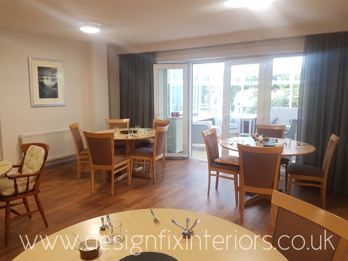 The <a href="/tekturatalk/">Tektura Wallcoverings</a> wallpaper and @BancroftFurnish wall of voile curtains certainly cheered up this previously bland communal dining room #refurbishment #interiordesign