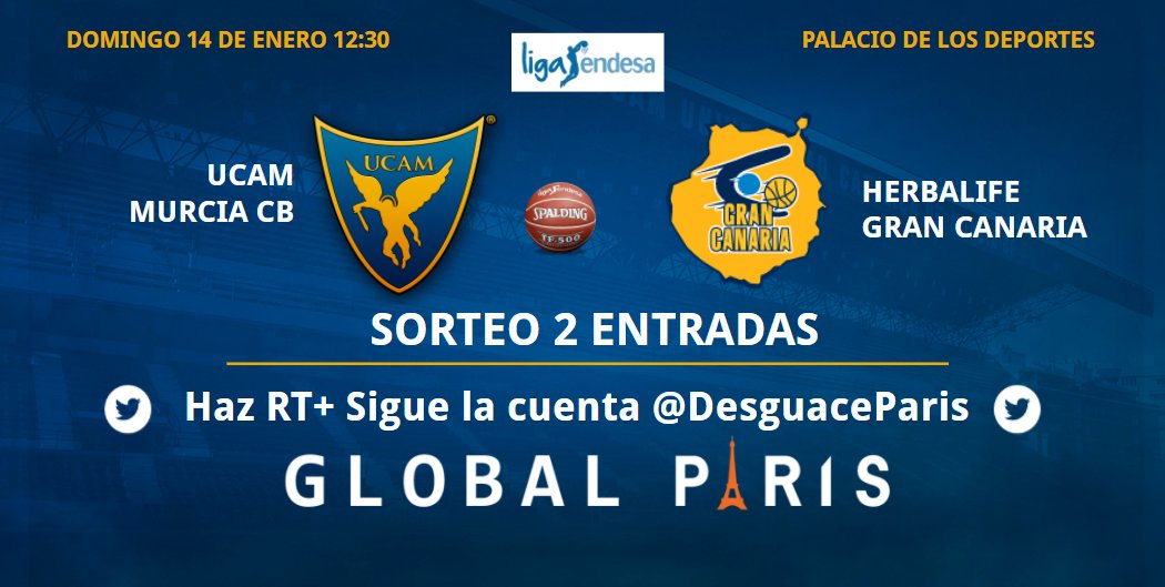 desguaceparis's tweet photo. SORTEO DOS ENTRADAS 🏀
¿Quieres asistir al @UCAMMurcia - @GranCanariaCB del domingo? Haz RT+Follow y gana dos entradas. ¡Es muy fácil! ¡Suerte! https://t.co/lTaK352zNo