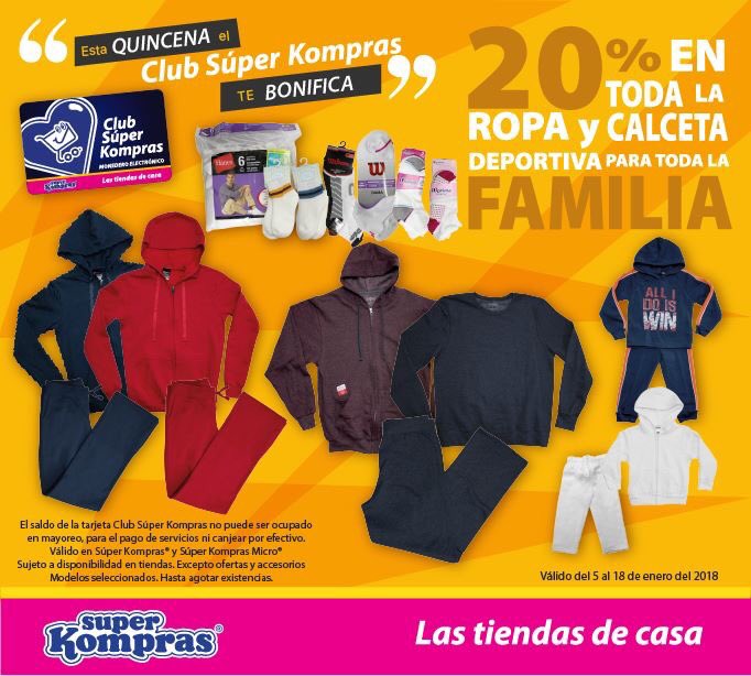 SuperKompras's tweet photo. Recuerda que hasta el 18 de enero, te bonificamos el 20% en tu tarjeta de club Super Kompras en toda la ropa y calceta deportiva para toda la familia. https://t.co/rVybipEsP8