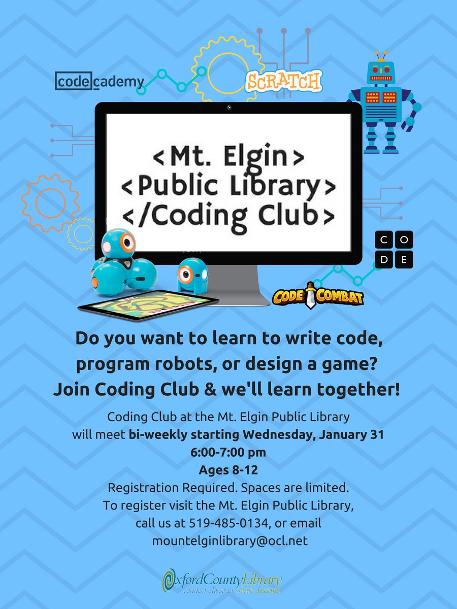 _OCL's tweet photo. The #MountElgin Library is starting a coding club! Learn to code, design a game, & program robots! We'll meet bi-weekly starting Wednesday, January 31. Open to kids ages 8-12. Space is limited. Contact the Mt. Elgin Library to register at 519-485-0134 or mountelginlibrary@ocl.net https://t.co/PsXzo61lIh