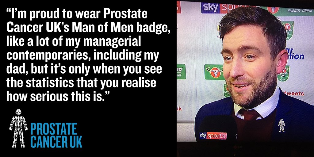 ProstateUK's tweet photo. Ever wondered what the badge Pep and Lee always wear is about? They are raising awareness of prostate cancer – a disease killing 1 man every 45 minutes in the UK. #MCYvBRC #CarabaoCup 
Text BADGE to 70004 to donate £5 and get a badge like your manager. https://t.co/8dB3mFvaZt
