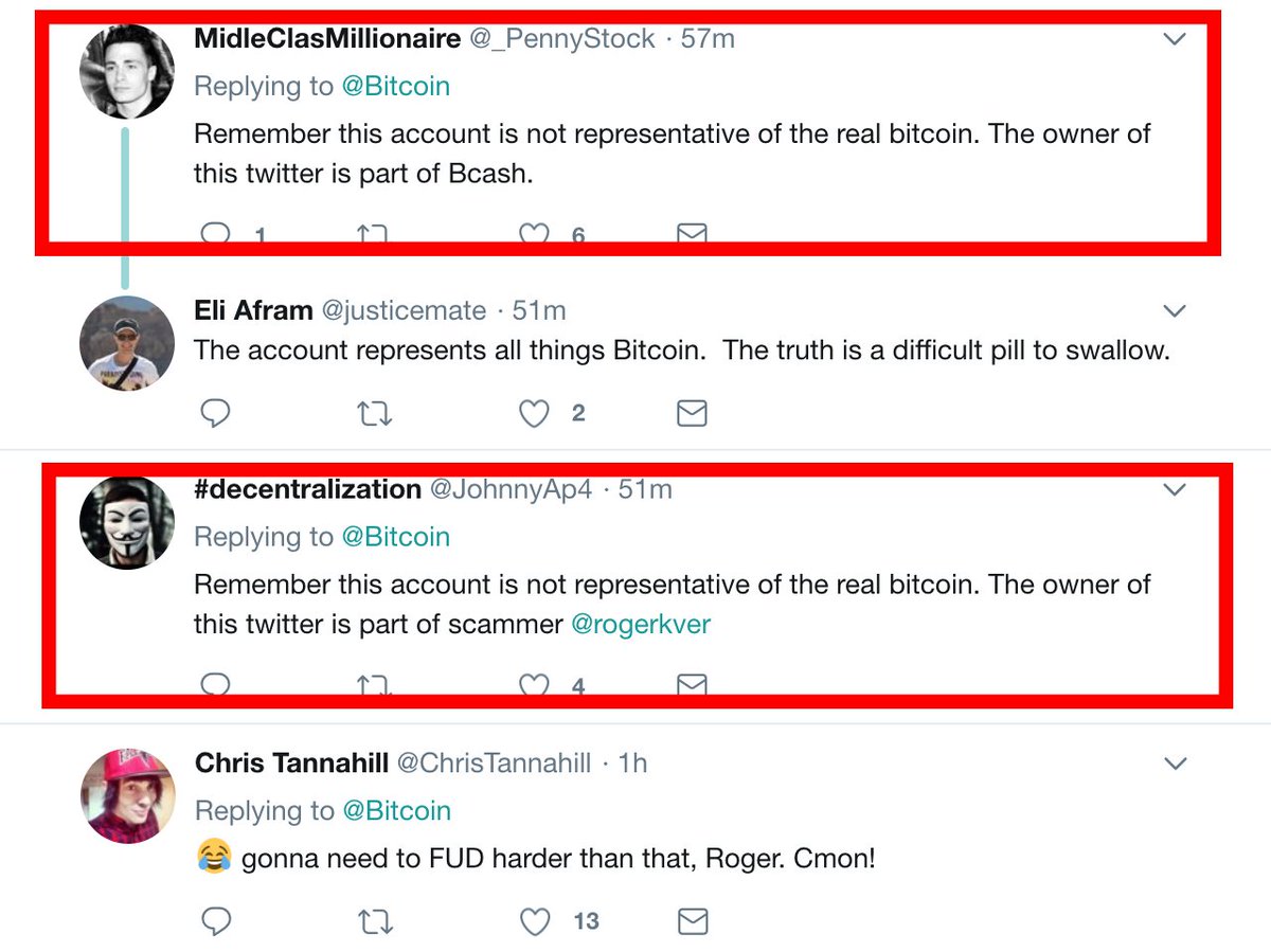 Whenever I post a new tweet, within seconds there are numerous replies from  obvious bot accounts like these who want to discredit the real Bitcoin. Who  do you think is paying for