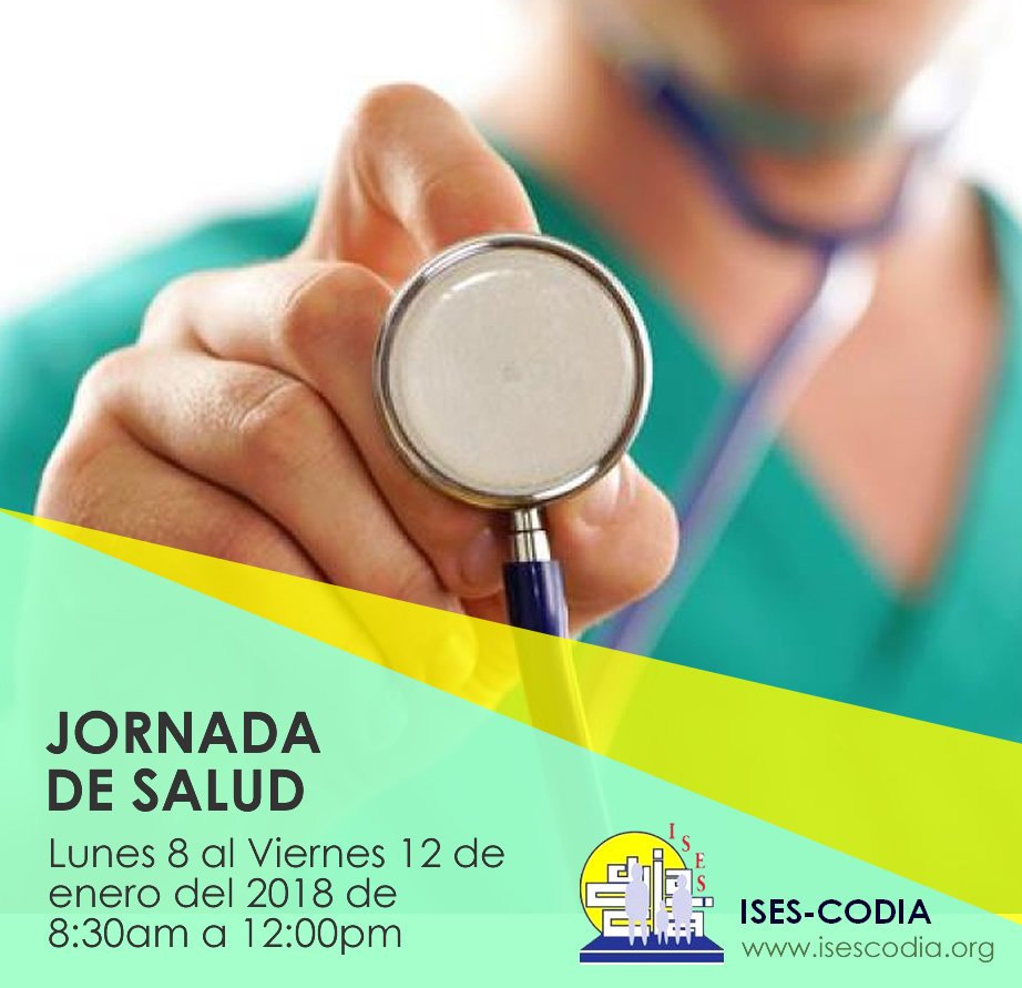 isescodia's tweet photo. 55 Aniversario del CODIA/ 33 Aniversario ISES-CODIA
Les invitamos a la Jornada de Salud y Servicios a partir del lunes 8 al viernes 12 de enero del 2018 de 8:30am a 12:00pm https://t.co/o38hDb4U0j