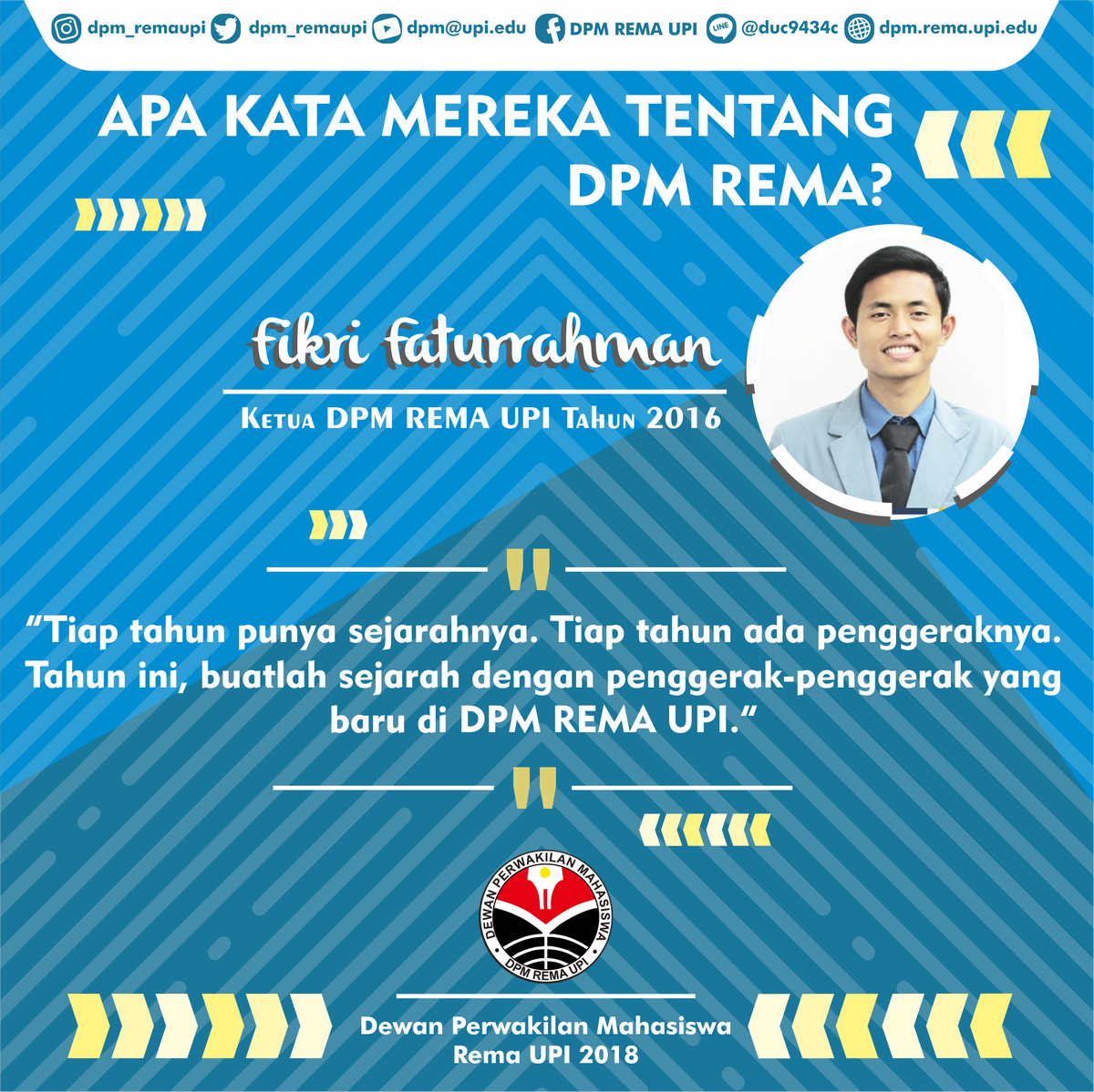 [APA KATA MEREKA TENTANG DPM REMA?]
.
Yuk, simak pandangan dari Kang Fikri, Ketua DPM Rema UPI Tahun 2016 tentang DPM Rema!
.
#DPMREMAUPI2018