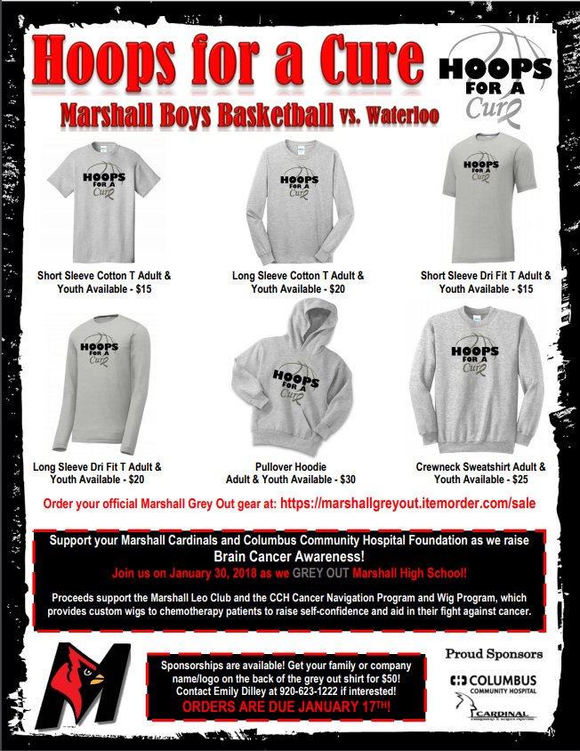marshallball's tweet photo. We are proud to be hosting a Hoops For A Cure Brain Cancer Awareness event T 1/30 vs. Waterloo. Shirts can be ordered at the link below. Deadline is Jan. 17. If you would like to be a t-shirt sponsor, contact info is on the flyer. https://t.co/zLgfgVxFOX #greyout #hoopsforacure https://t.co/3MNUusMgBk