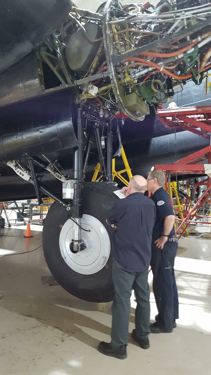 Winter maintenance continues on the Lancaster with the re-installation of the main tires. During restoration, we converted to landing gear from a Avro Lincoln due to parts availability. Dunlop are still able to supply us with new tires for this slightly more modern undercarriage.