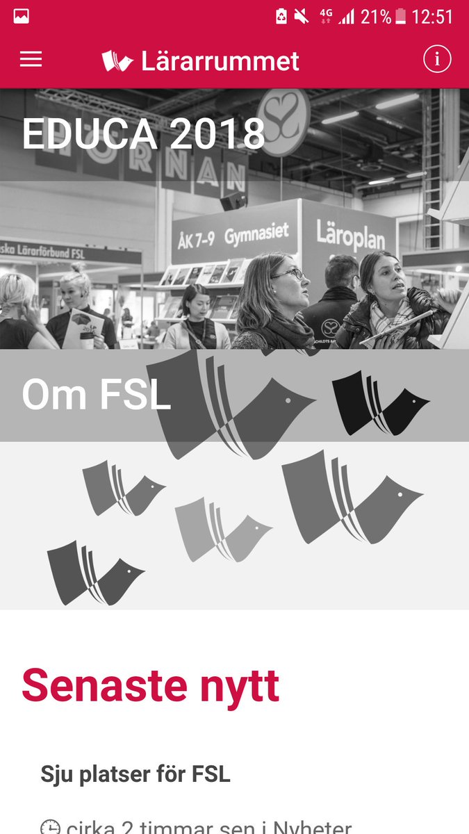 FSLararforbund's tweet photo. Nu finns det en direktlänk till Educa-programmet i vår app Lärarrummet! Ytterligare en orsak till att ladda ner denna gratis mobilapp! 📱😀👌 #fsl #lärarrummet #educa2018 #hörnan2018 #educa #educamässan https://t.co/T9lwnCaxka