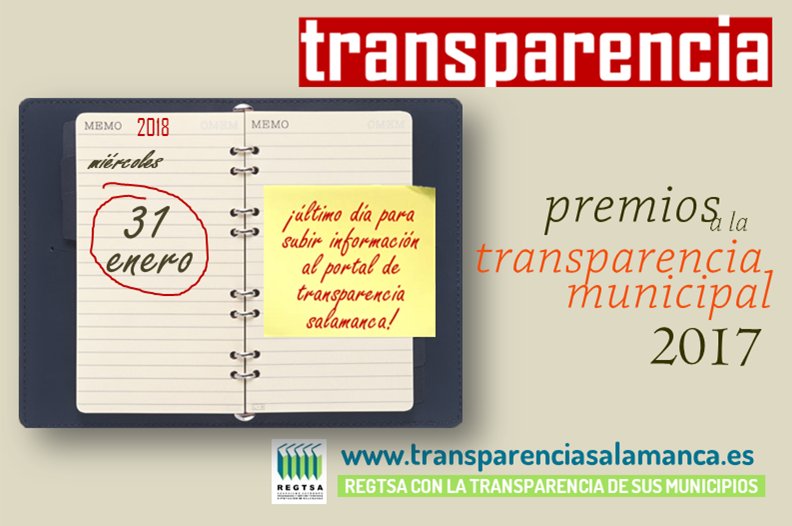 transparensal's tweet photo. PREMIOS TRANSPARENCIA MUNICIPAL 2017: 31 de enero último día para subir información a Portal de Transparencia Salamanca @transparensal @REGTSA #Transparencia https://t.co/6KytcoEQeU