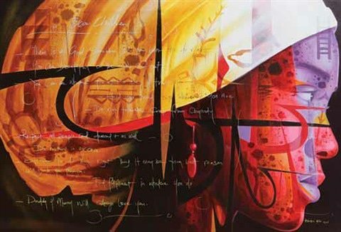 snanational's tweet photo. Uche Edochie’s themes over the years have ranged from confrontational political satires to social commentary. They also investigate the inevitable destiny of human relationships.                 "Life Lessons for Our Children", 2006, acrylic on canvas, 122 x 187cm https://t.co/e6Vw2JXP6V