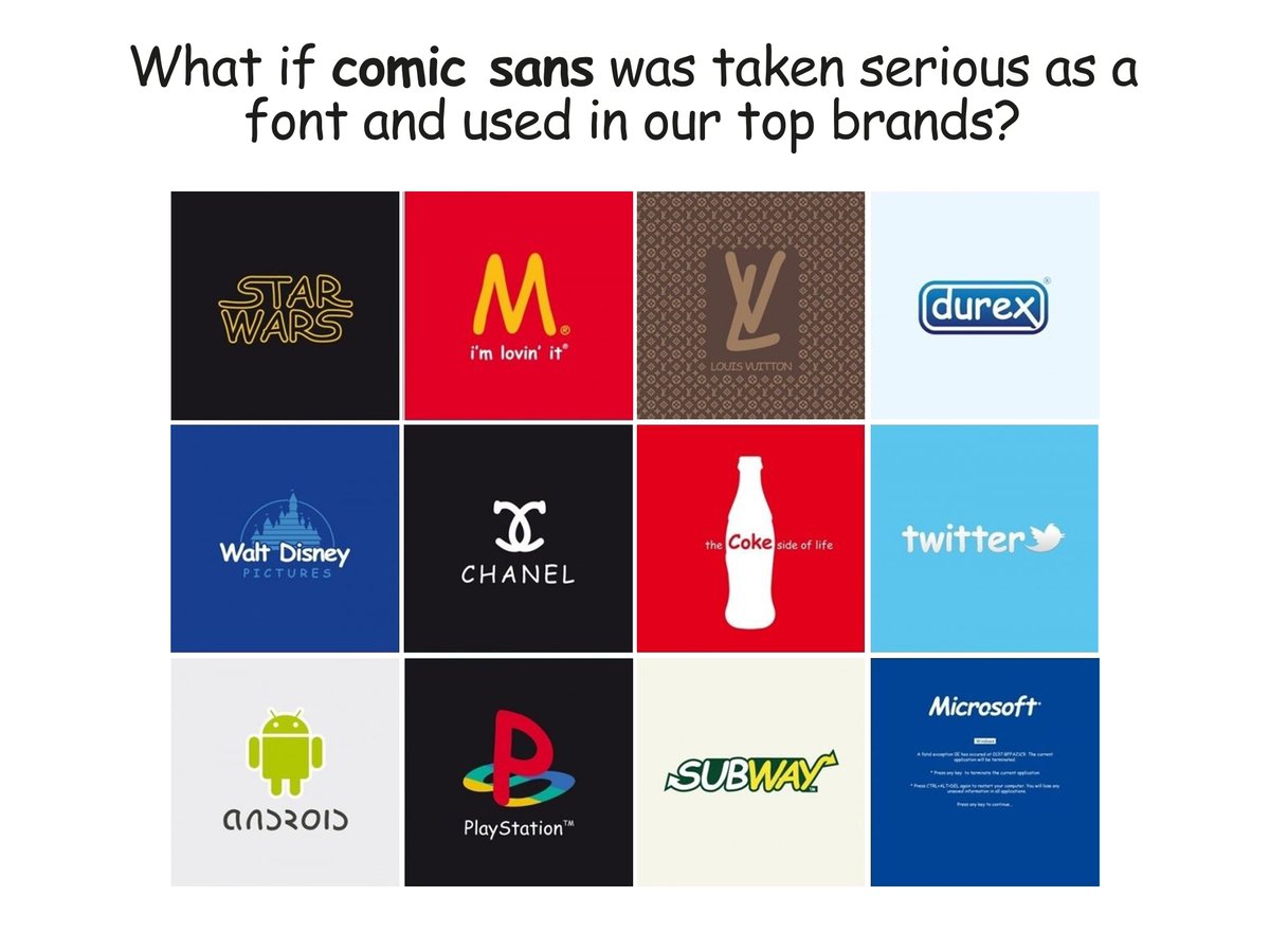 studio247uk's tweet photo. What would some of the top brands actually look like using comic sans? #Branding #graphicdesign https://t.co/cVGTw047g1