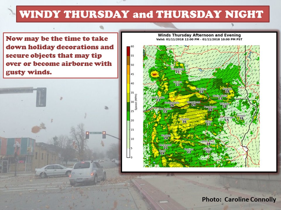 NWSPendleton's tweet photo. A strong cold front will bring gusty winds on Thurs and Thurs night. Wind gusts may exceed 45 mph in some areas. Due to fairly high snow levels on Thursday (5500-6500 ft), blowing and drifting snow will be isolated in the mountains. Stay tuned for more updates. #wawx #orwx https://t.co/BBhK3714XE