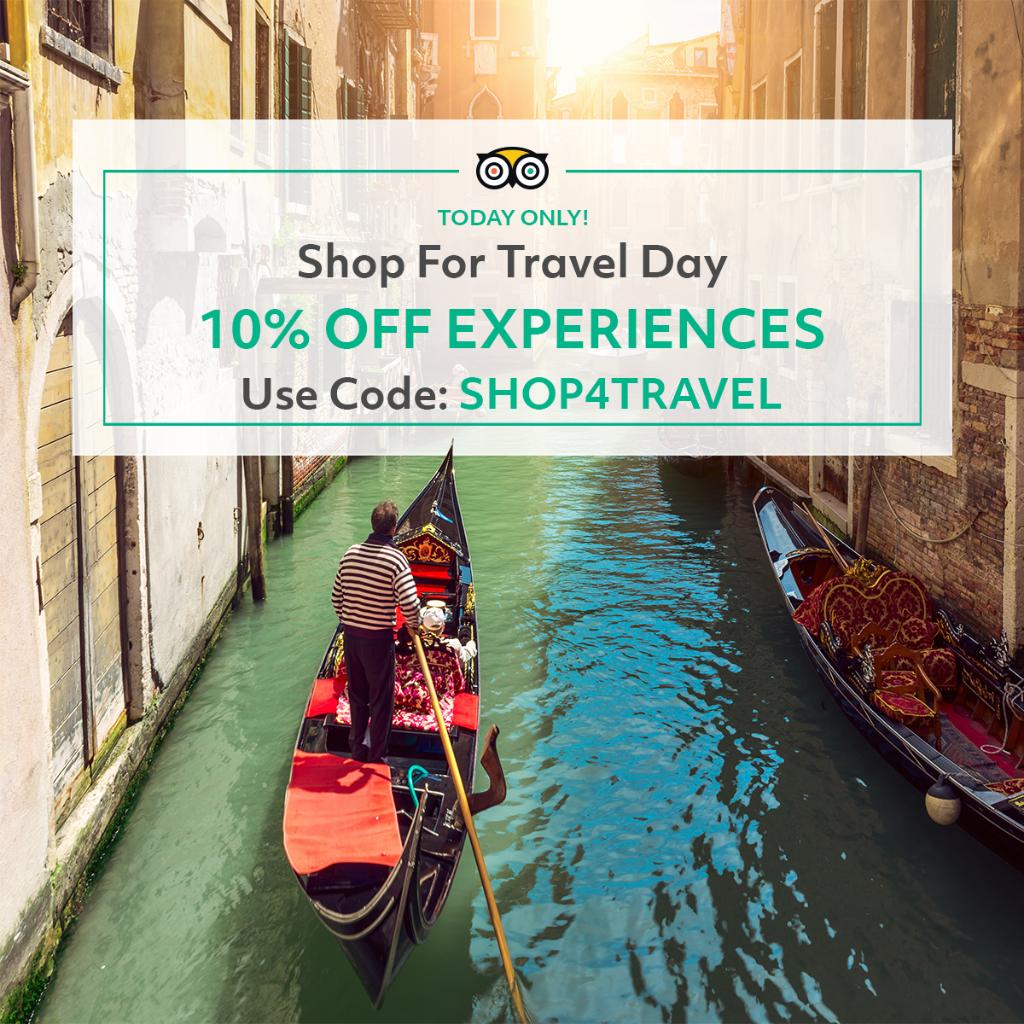 Tripadvisor's tweet photo. Have you heard?! It’s #ShopForTravelDay! For today ONLY, all travel experiences – tours, attractions and more – are 10% OFF when you use the promo code ‘SHOP4TRAVEL’ when you book on TripAdvisor! https://t.co/fJks9OA1xR