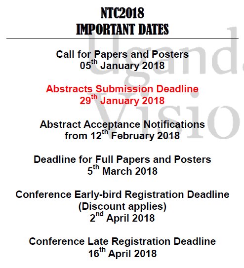 UIPE_Uganda's tweet photo. First Call for Papers for the 23rd National Technology Conference and Exhibition 2018
The theme is "Vision 2040: The Role of Engineering in Transforming Uganda"
#NTF2018 https://t.co/YEssCl34PY