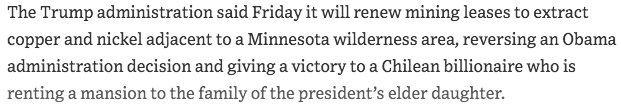 KoehlerMatthew's tweet photo. Can @MinnesotaMiners &amp; @Unitedminingal explain why it's so great that @realDonaldTrump is granting mining leases to a Chilean billionaire adjacent to the Boundary Waters #Wilderness? The Chilean billionaire is also @IvankaTrump's landlord. #MTPol #KeepItPublic https://t.co/Ggv3Chzmmy