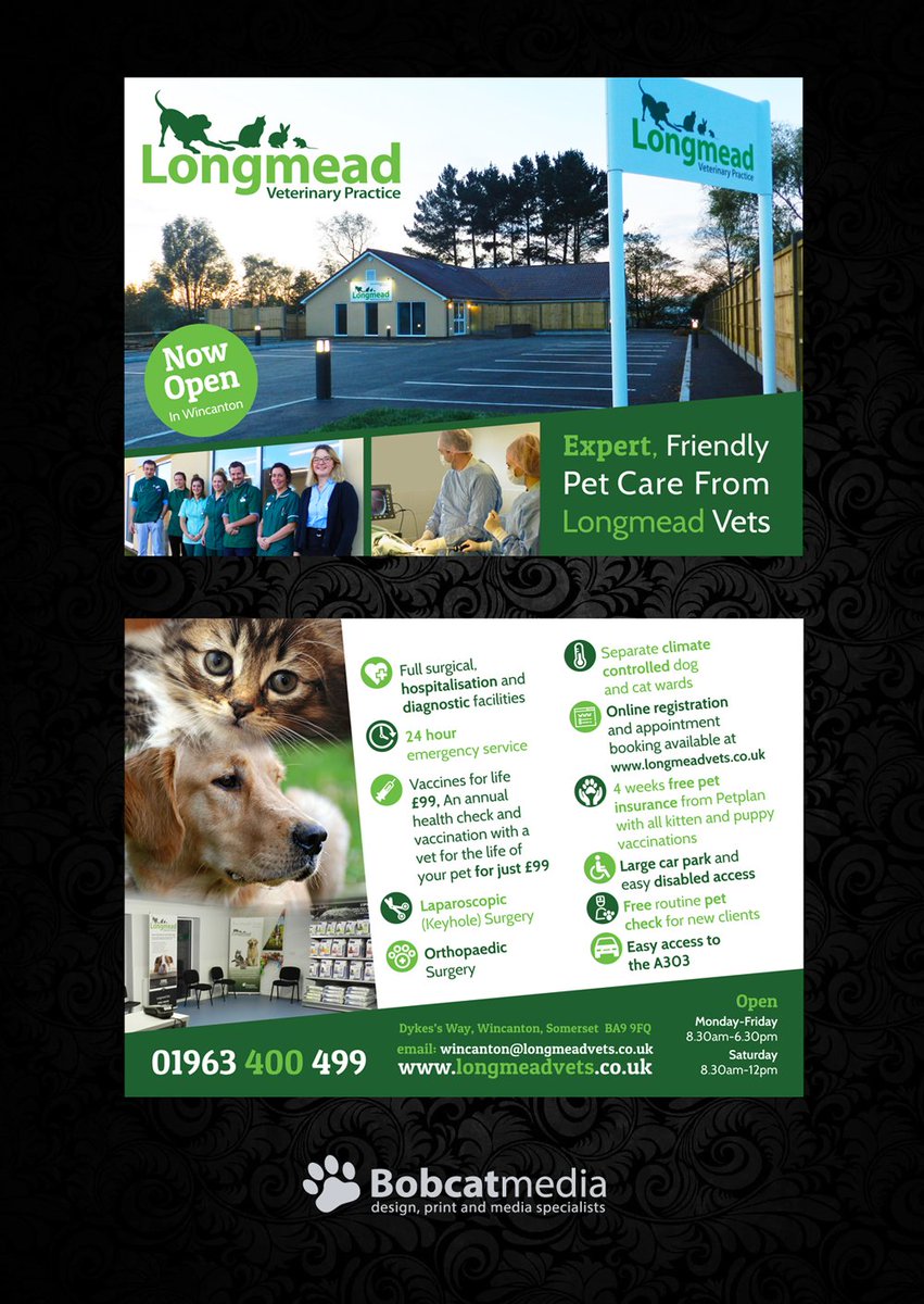 we_are_bobcat's tweet photo. It's always great to work with new local business, if you live in Wincanton you probably received one of our Bobcat designed leaflets through the door from our friends at Longmead Vets. #printing #GraphicDesign https://t.co/nhDdKjTlvr