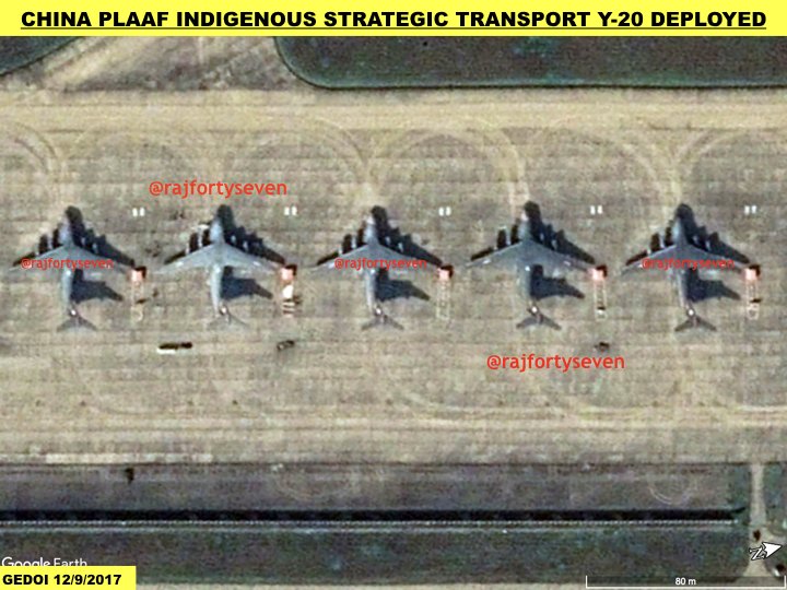 rajfortyseven's tweet photo. #China #PLAAF deploys five #Y20 the newest strategic transports barely 650kms fm #India border.
#Qionglai already has a complete regiment of #Y8/#Y9 transports
The Y-20 complement earlier used in #strategic airlift capability realistic combat ops trials:
https://t.co/sFYDW48gfd https://t.co/iTLl47nMlU