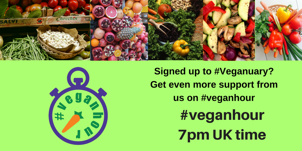 veganhour's tweet photo. #veganhour returns for the second week of #veganuary. Join the friendly vegan chat here tonight at 7pm UK time! https://t.co/HLYsSmPx4Z