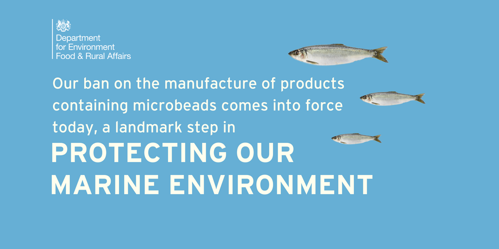 From today, our ban on #microbeads means manufacturers of cosmetics and personal care products can no longer add tiny pieces of plastic to products like face scrubs, toothpastes and shower gels. #GreenBrexit gov.uk/government/new…