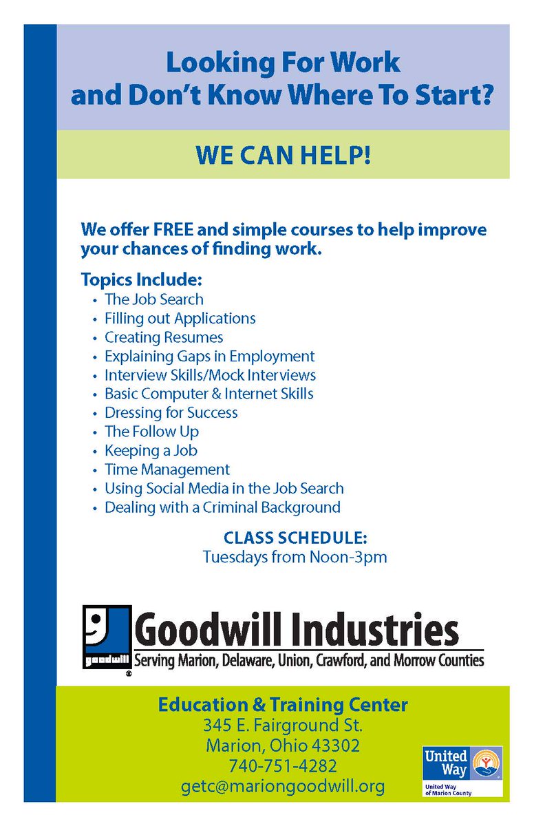 MarionGoodwill's tweet photo. FREE job readiness classes every Tuesday in Marion at the Educatioon & Training Center #goodwillmission https://t.co/CGQlARIHgW