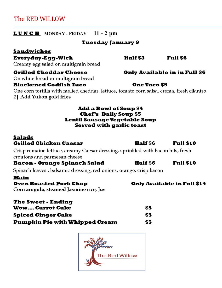 Tuesday's terrific lunch menu at the Red Willow :)  Hope to see you 11am-2pm  Red Willow Place #stalbert