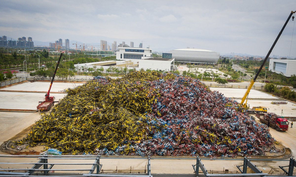 MITdusp's tweet photo. This is not a painting or a sculpture. It is a mangled pile of bicycles covering an area roughly the size of a football pitch; cast-offs from the boom and bust of China’s bike sharing industry. https://t.co/EvvuVh4R0n https://t.co/ePNj0OBNyJ