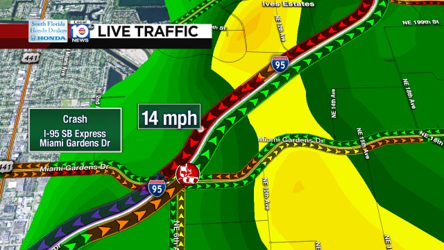 Crash has two lanes blocked on I-95 SB at Miami Gardens Dr #traffic https://t.co/lwVKxewPm4
