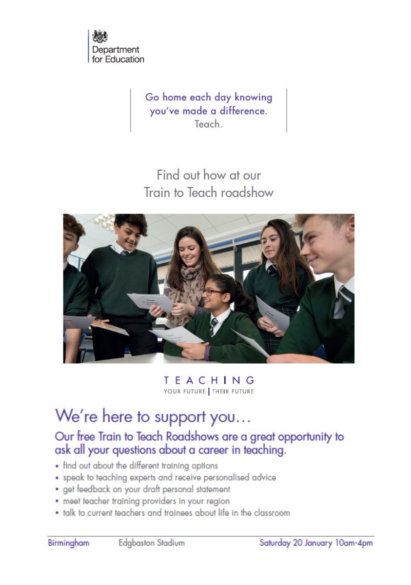 StourportSCITT's tweet photo. Thinking about a career in teaching? Why not come along and meet the team at the Train to Teach Roadshow to find out more? #traintoteach #thosewhocanteach #UCAS #teachertraining #stourport #SCITT https://t.co/08HqHsmhaN