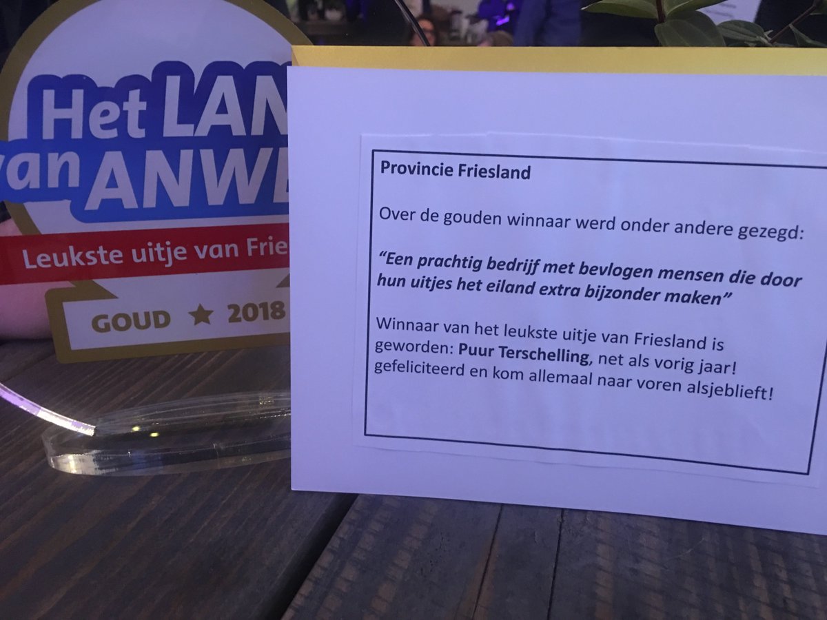 Puur Terschelling leukste uitje van Friesland 2018 gekozen door land van ANWB, trots op Puur team en alle gasten die ons gekozen hebben!
