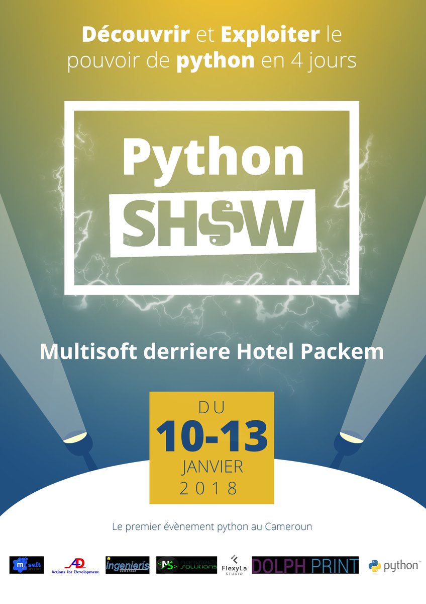 python_show's tweet image. Python Show à Ngaoundéré première édition du 10 au 13 Janvier 2018 de 15h00-20h00 dans les locaux de Multisoft derrière Hotel Packem.
- Jour 1 (mercredi 10 janvier 2018) découvre et exploite le pouvoir du Python pour ton PC
#PythonShowNdere1 #python