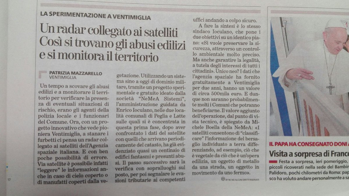 NeMeaSistemi's tweet photo. Monitoraggio ambientale e controllo del territorio con uno sguardo dallo spazio! Ringraziamo @LaStampa per la sua testimonianza a livello Nazionale del progetto da noi realizzato a #Ventimiglia #radarSAR #monitoring #EarthObservation @alghero @flavia_marzano @n_iacono https://t.co/er3wWPhQqP