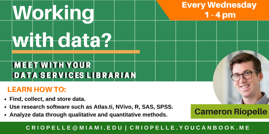 CalderMedLib's tweet photo. Our Data Services Librarian is now available at Calder every Wednesday from 1 - 4pm. Contact the library for more info. #CalderMedLib #DataServices #UMLibraries https://t.co/zTtbsJVVbt