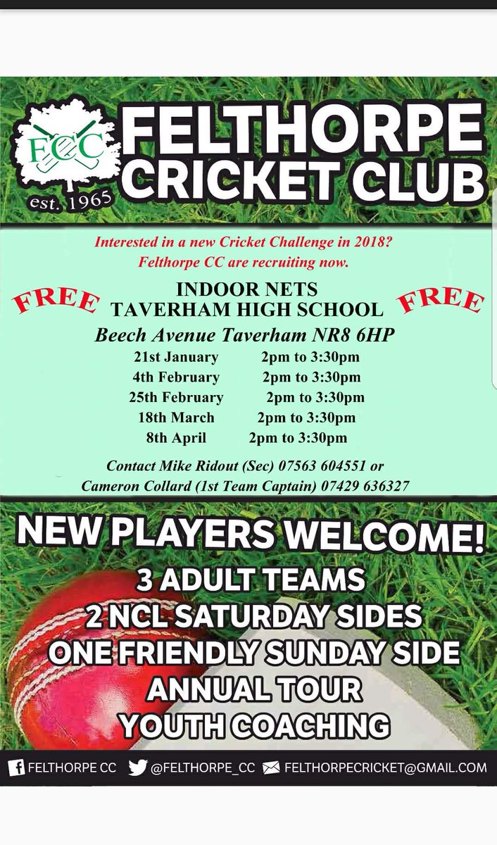 A new year brings with it the first preparations for the new season and the start of the Felthorpe winter nets. Newcomers are extremely welcome and the first session starts 21st of January. Come down to any of our sessions and have a look!