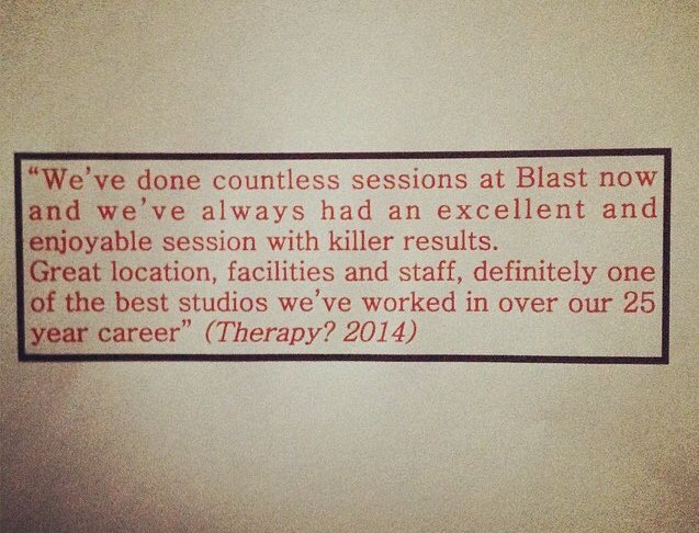 BlastRecording's tweet photo. Excited to have this incredible band back at @BlastRecording this week to start work on album number 15! @therapyofficial
#therapyquestionmark #albumnumber15 #andycairns #michaelmckeegan #neilcooper #chrissheldon https://t.co/AEycXiEnWB