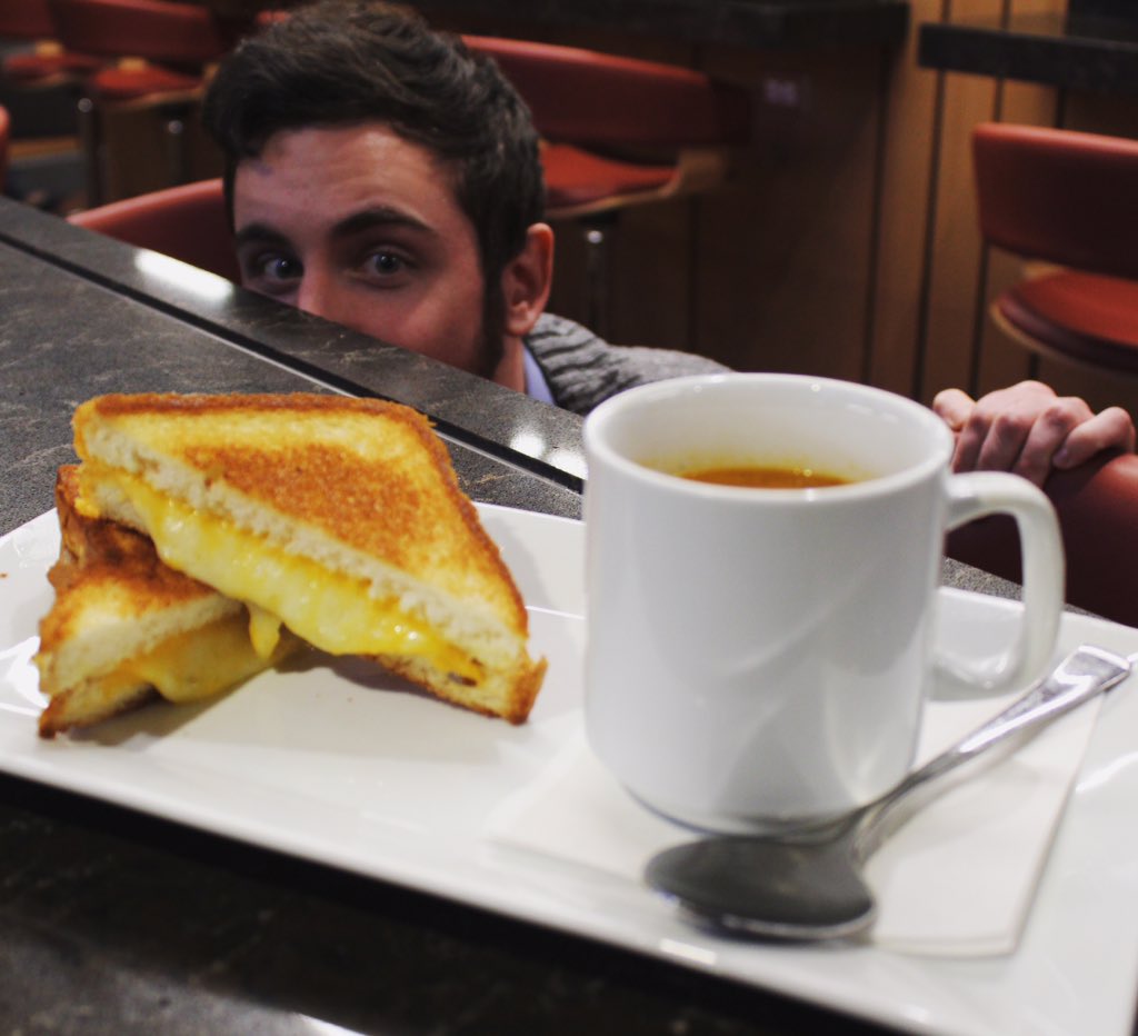 Catholicdining's tweet photo. I think PJ is excited about the NEW Three Cheese Grilled Cheese and Roasted Tomato Soup. #murphysgrill https://t.co/zaEhDHI0s6