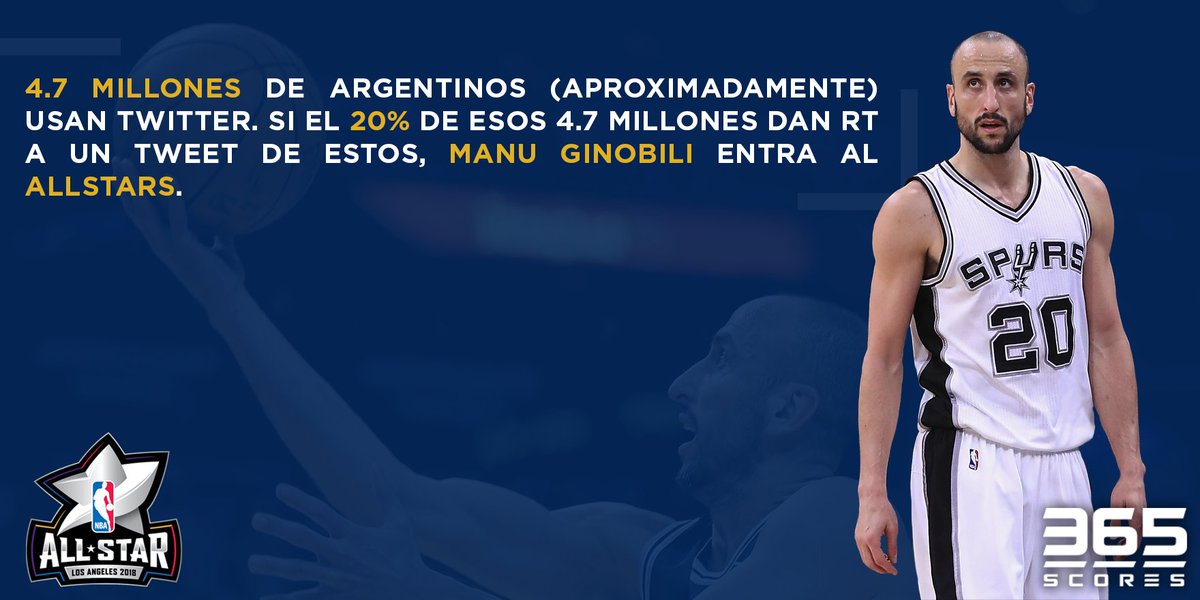365ScoresApp's tweet photo. Cada RT es un voto, llevemos a @ManuGinobili a los All Stars!
#NBAVOTE Ginobili https://t.co/NwldOY6V7e