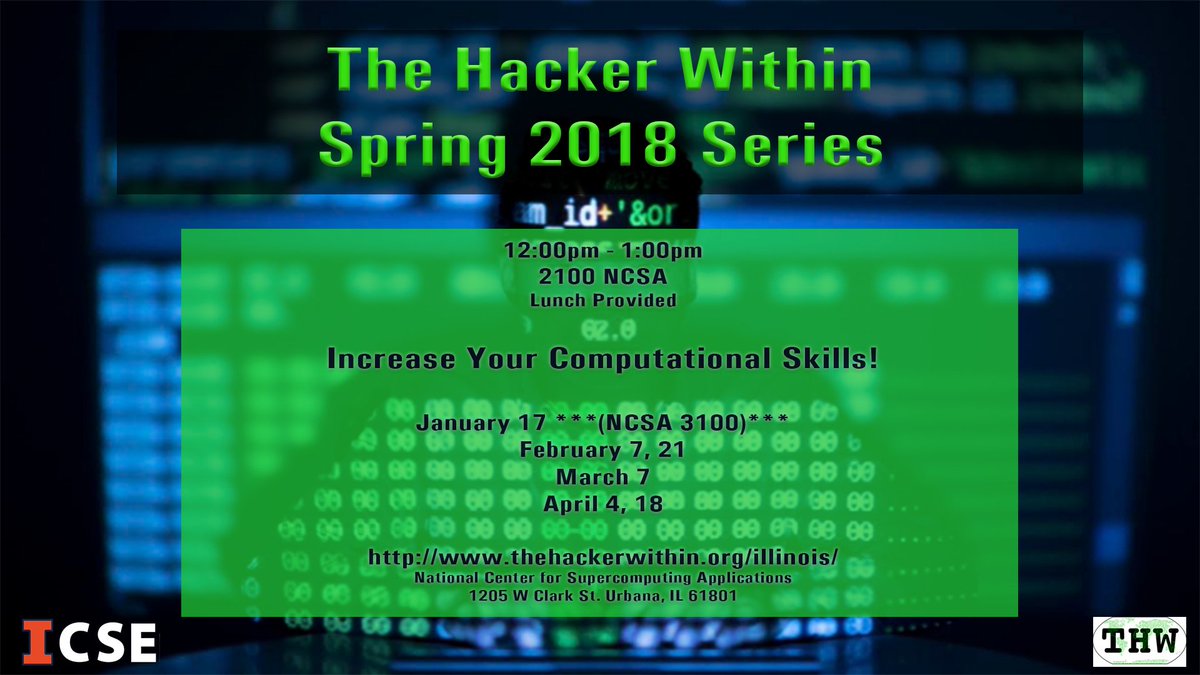 cse_uiuc's tweet photo. Join us for our @hackerwithin_IL meeting spring 2018 series: 
WEDNESDAYS
12:00pm - 1:00pm 
2100 @NCSAatIllinois https://t.co/djQQPQsENF