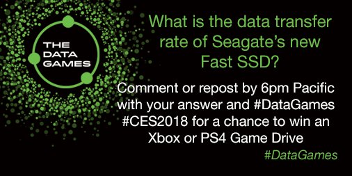Seagate's tweet photo. Looking for massive capacity and serious speed? Enter to win a 4TB Game Drive for PS4, and a 2TB Game Drive for Xbox (including 12 months of Xbox Game Pass!) on us. For more information: https://t.co/xxT9OxeNF1 #DataGames #CES2018 https://t.co/3a5S10ybuv