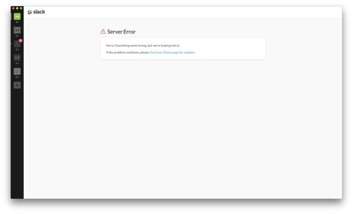 apoythress's tweet photo. @SlackHQ You're down but your status page says you're not! 🙈 https://t.co/awwBfLH0Ci
