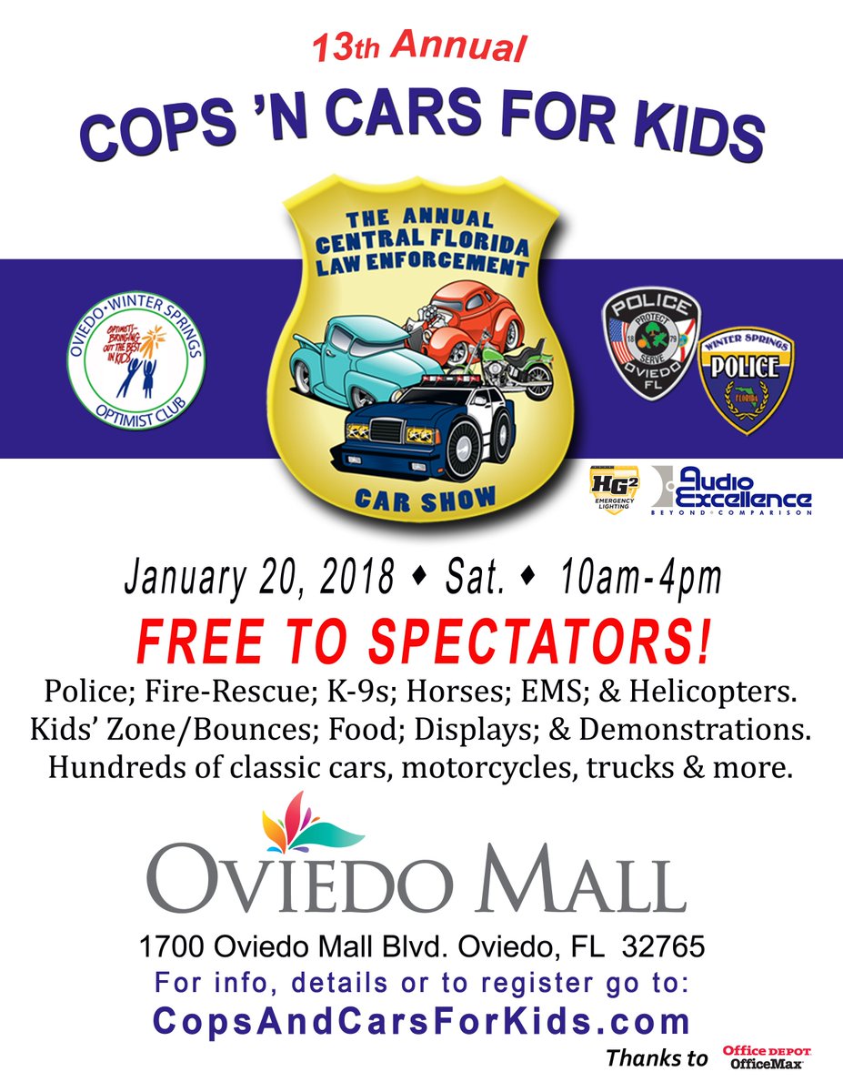 Central Florida you do not want to miss out on this years Cops and Cars for Kids! All happening at the Oviedo Mall parking lot located next to Chamberlins. See you there!  #oviedomall #orlando #carshow #oviedofl #copsandcars