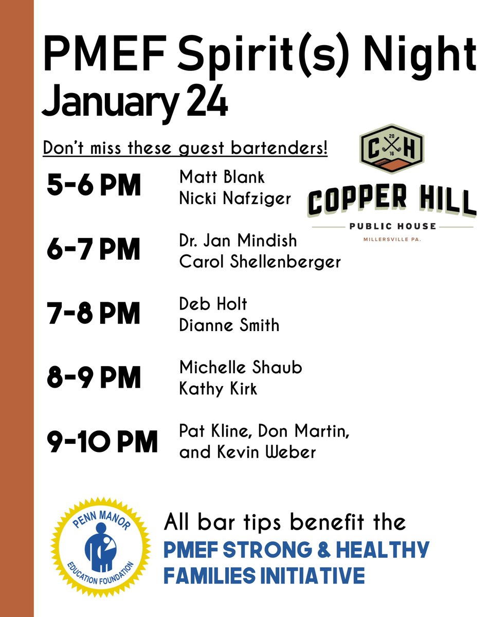 PMEdFoundation's tweet photo. Please join us January 24 for PMEF Spirit(s) Night at Copper Hill Public House. Join with friends as we celebrate new leadership and a new year of supporting Penn Manor students and families! All tips benefit the Strong &amp; Healthy Families initiative. https://t.co/qA2NTt4jCb