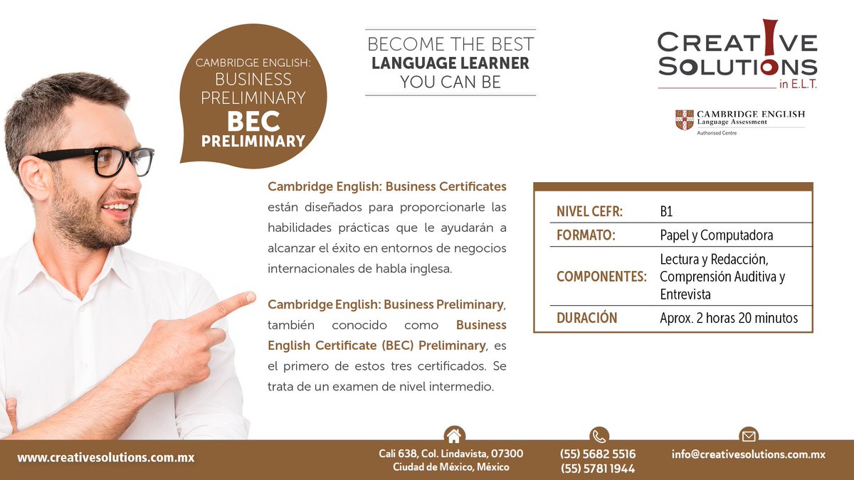 CSiELT's tweet photo. Conoce más sobre los exámenes de Cambridge Assessment English: Cambridge English: Business Preliminary (BEC PRELIMINARY) #BEC #CambridgeEnglishScale #creativesolutionsinelt https://t.co/G7NUjt5kUp