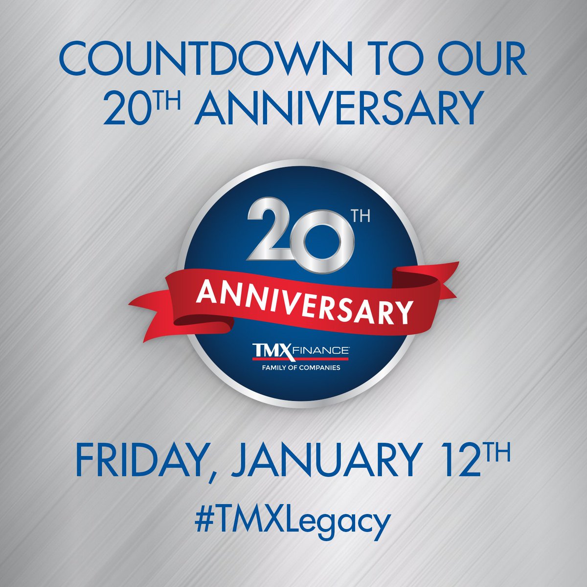 Only 3 more days 'till The TMX Finance Family of Companies kicks off our 20th Anniversary celebration. We hope you’re getting exited! Stay tuned for more information. #TMXLegacy